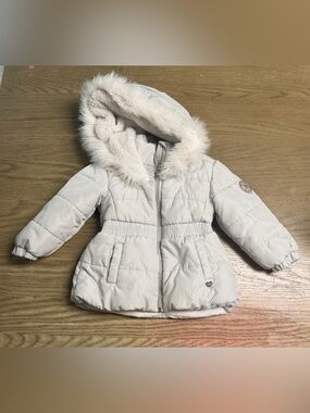 BCBGirls Light Blush Hooded Puffer Coat with Faux Fur Trim